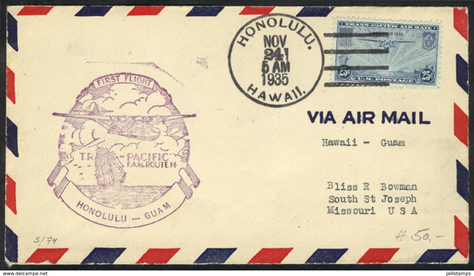 UNITED STATES: 24/NO/1935 First Flight Honolulu - Guam, VF Quality! - Postal History