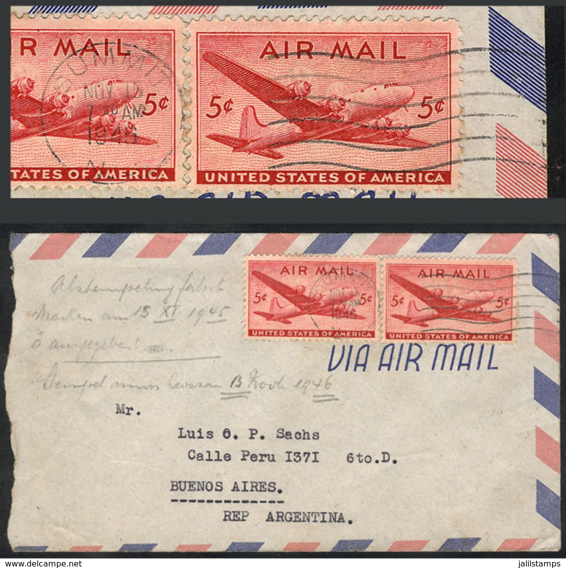 UNITED STATES: POSTMARK DATE ERROR: Airmail Cover Sent To Argentina Franked With 10c. (with Stamps Issued In 1946), Canc - Marcofilie