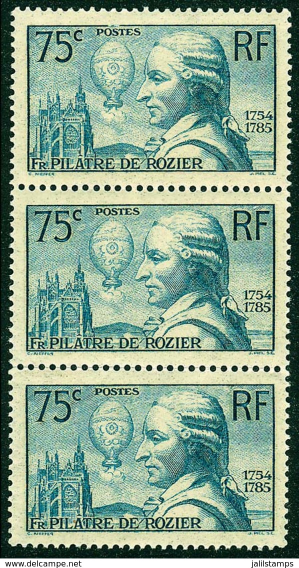 FRANCE: Sc.308, 1936 Rozier, Hot-air Balloon, MNH Strip Of 3, Excellent Quality. Catalog Value US$112.50, Superb! - Other & Unclassified