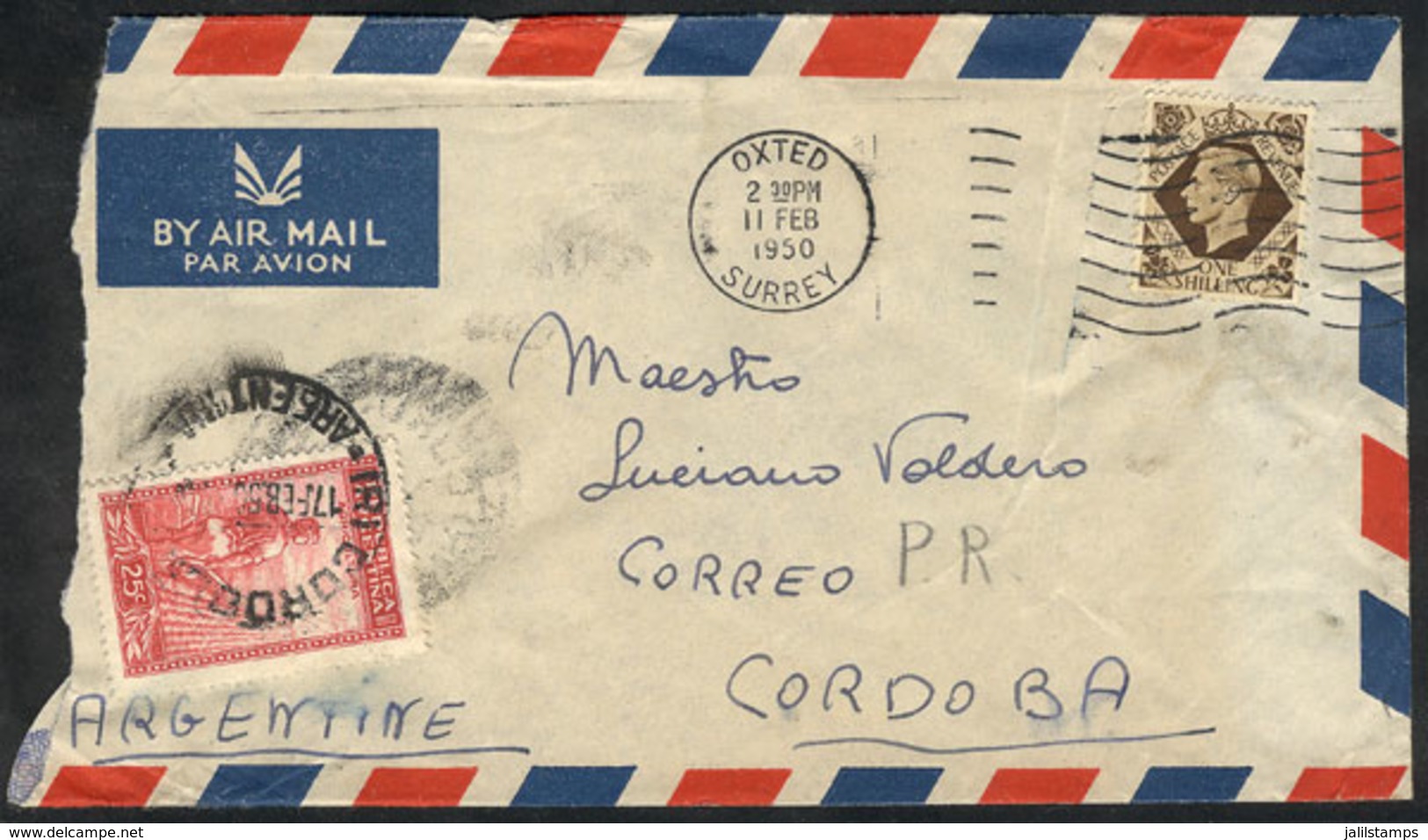 GREAT BRITAIN: MIXED POSTAGE: Airmail Cover Sent To Argentina On 11/FE/1950 Franked With 1S. + Argentina Stamp Of 25c. T - ...-1840 Voorlopers