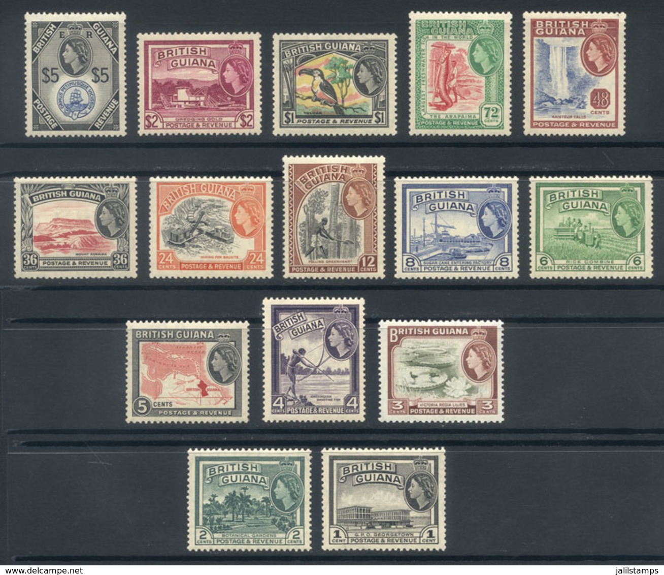 BRITISH GUIANA: Sc.253/267, 1954 Animals, Fish, Flora, Ships, Maps Etc., Complete Set Of 15 Values, VF Quality, Catalog  - Brits-Guiana (...-1966)