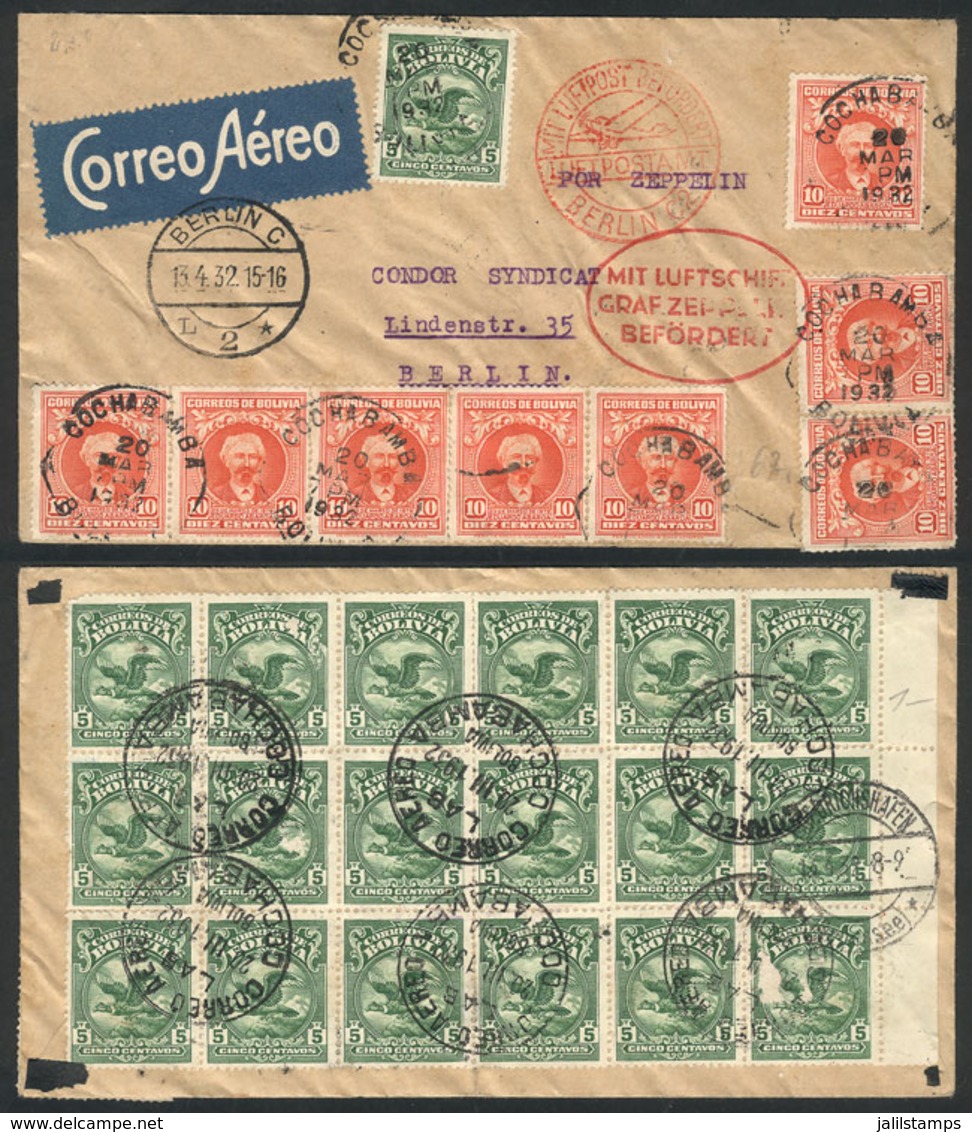 HONDURAS: Airmail Cover Sent From Cochabamba To Berlin On 20/MAR/1932 With Spectacular Postage On Front And Back, VF Qua - Honduras