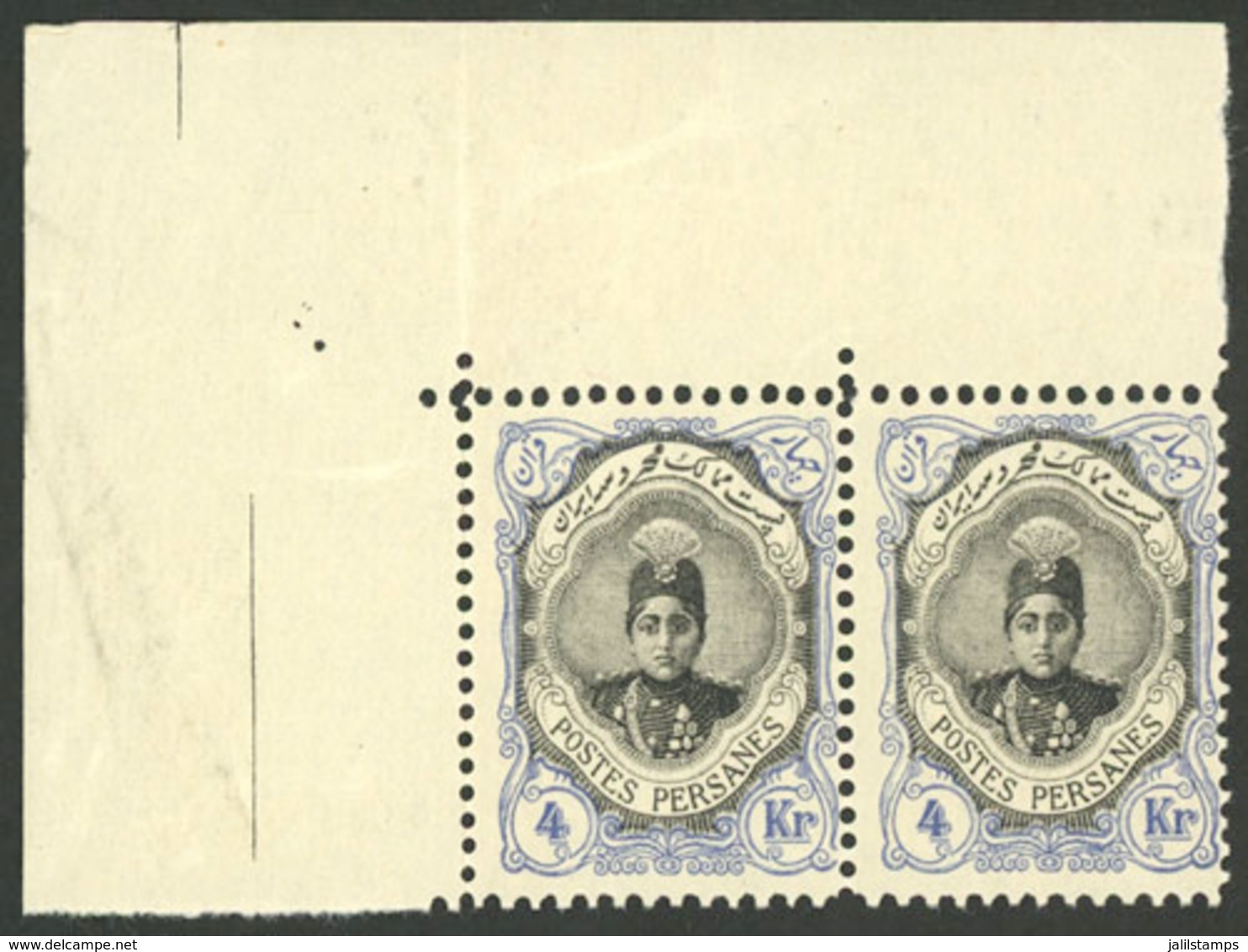 IRAN: Sc.496b, 1913 4Kr. Ultramarine And Gray, Fantastic Corner Pair, MNH, Superb Quality! - Iran