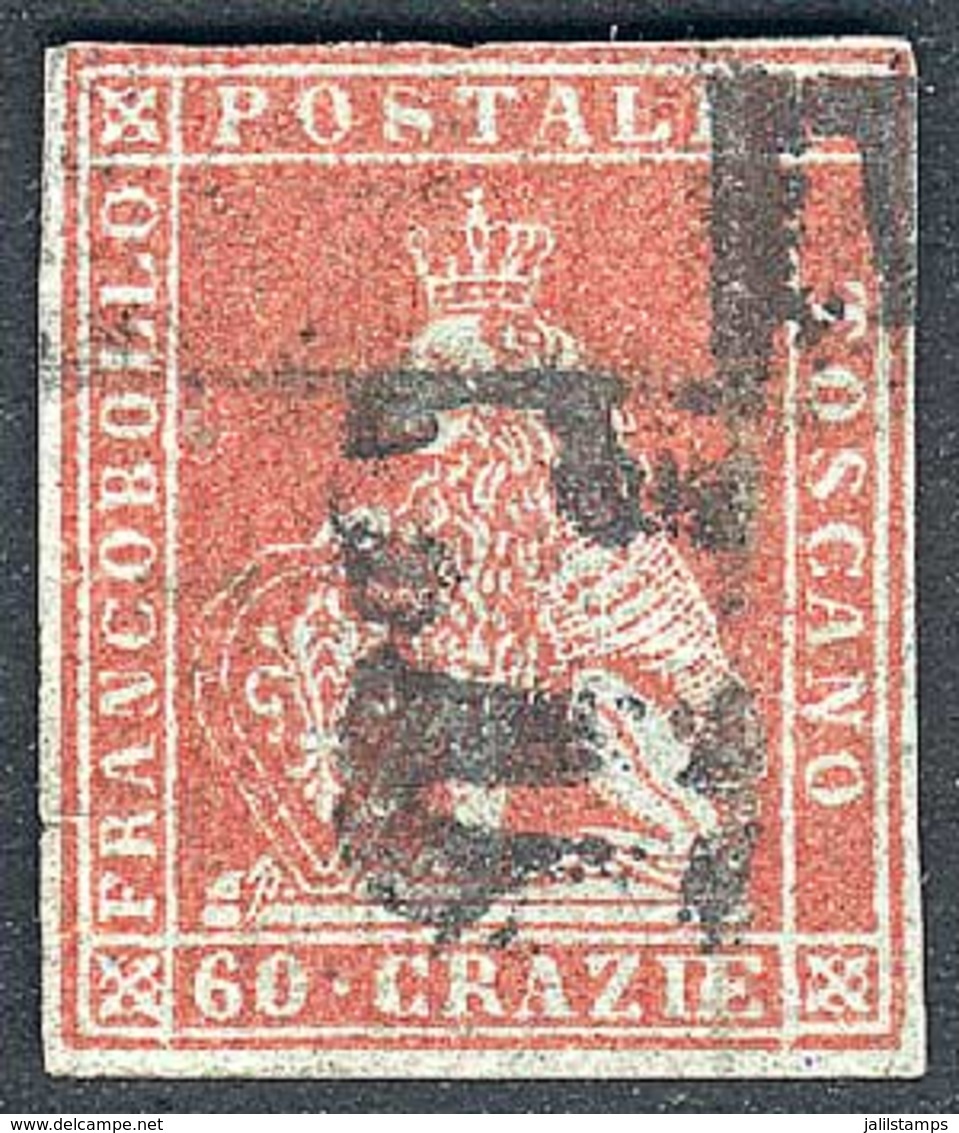 ITALY: Sc.9, 1851 60Cr. Red, Used, With Minor Repaired Defects, Excellent Appeal, One Of The Most Rare Stamps Of Italian - Toscane