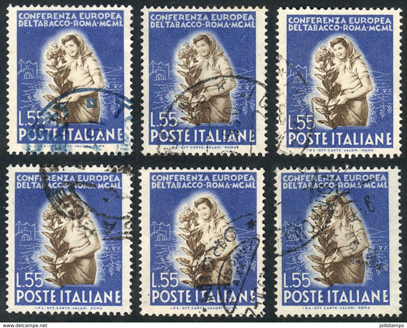 ITALY: Yvert 569, 1950 Tobacco 55L., 6 Used Examples, VF Quality, Catalog Value Euros 240 - Zonder Classificatie