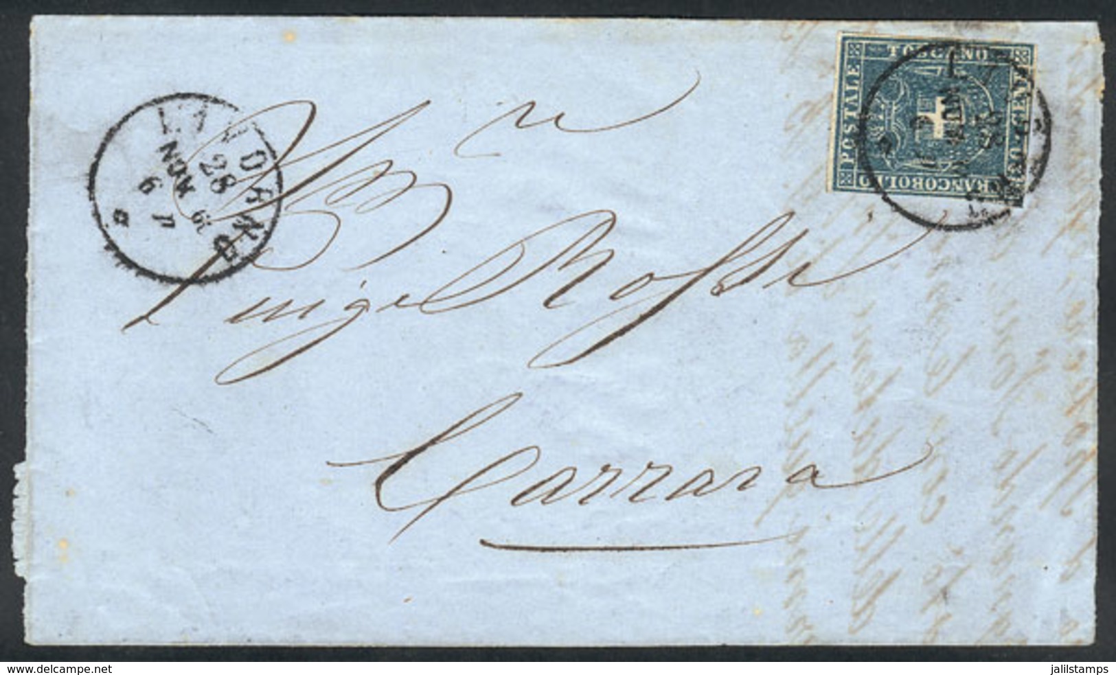 ITALY: Large Part Of A Folded Cover Sent From Livorno To Carrara On 28/NO/1860, Franked By Sc.20 (20c. Blue) Of Toscana, - Andere & Zonder Classificatie