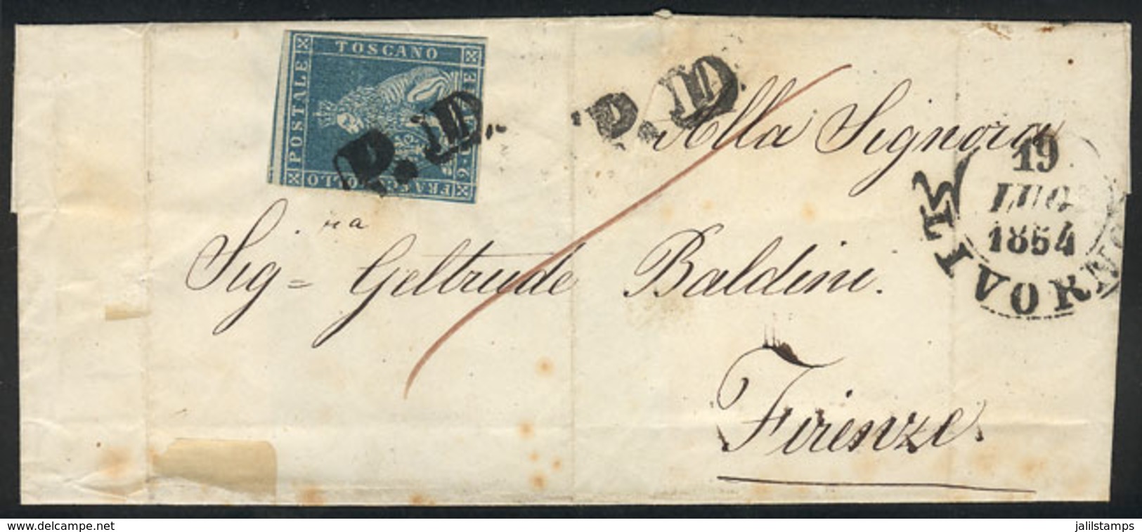 ITALY: Folded Cover Sent From Livorno To Firenze On 19/JUL/1864, Franked By Sc.5 (2Cr. Blue) Of Toscana, Catalog Value U - Other & Unclassified