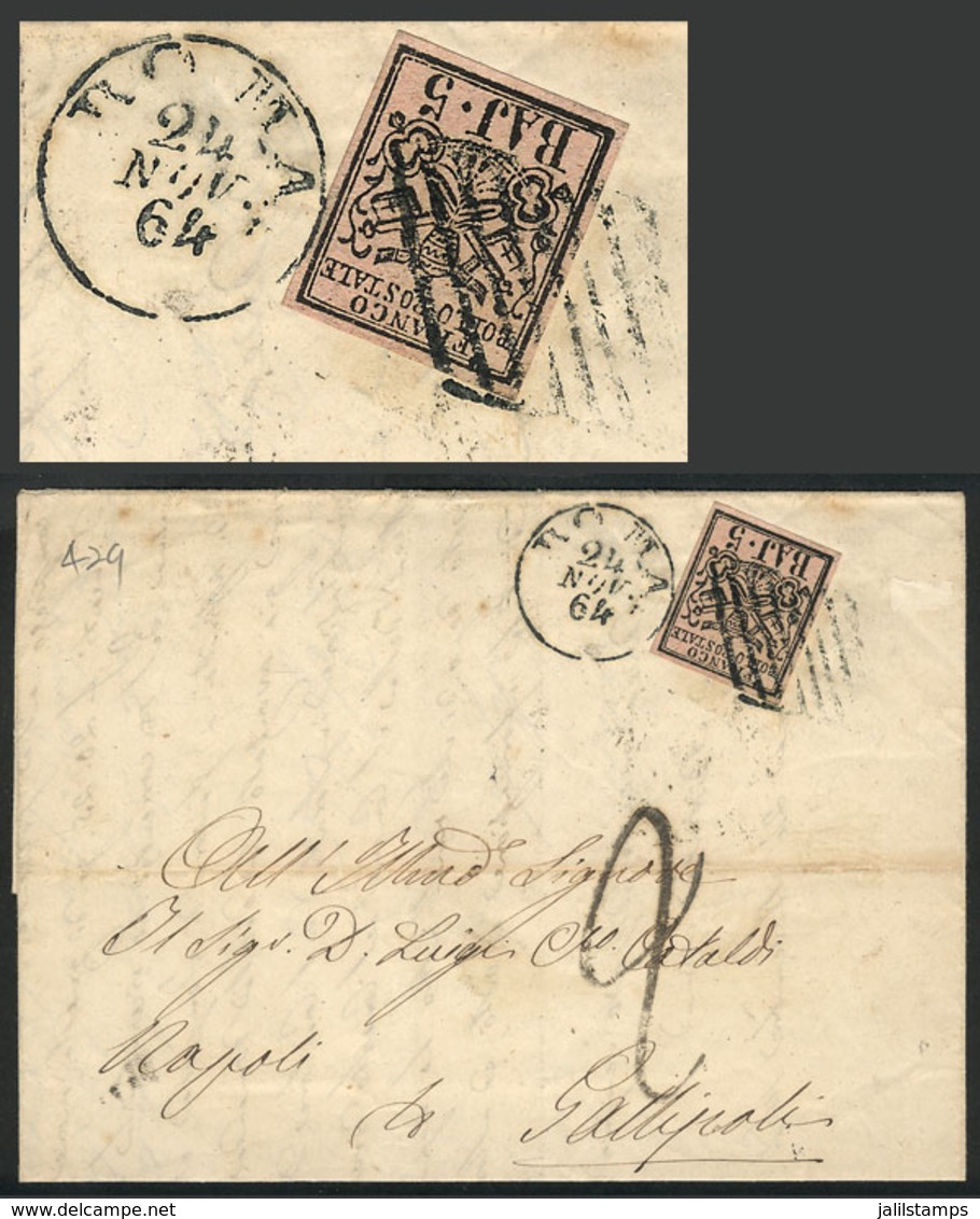 ITALY: Folded Cover Sent From Roma To Gallipoli On 24/NO/1864, Franked By Sc.6 Of Vatican States (US$50 On Cover!), Very - Andere & Zonder Classificatie