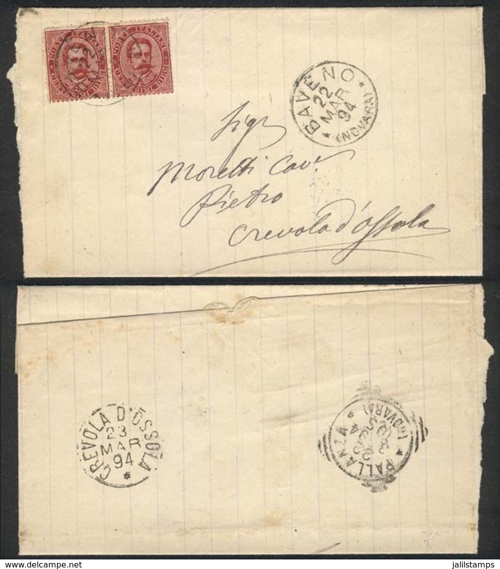 ITALY: Folded Cover Franked With 20c., Sent From BAVENO To CREVOLA D'OSSOLA On 22/MAR/1894, Transit Mark Of Pallanza, VF - Other & Unclassified