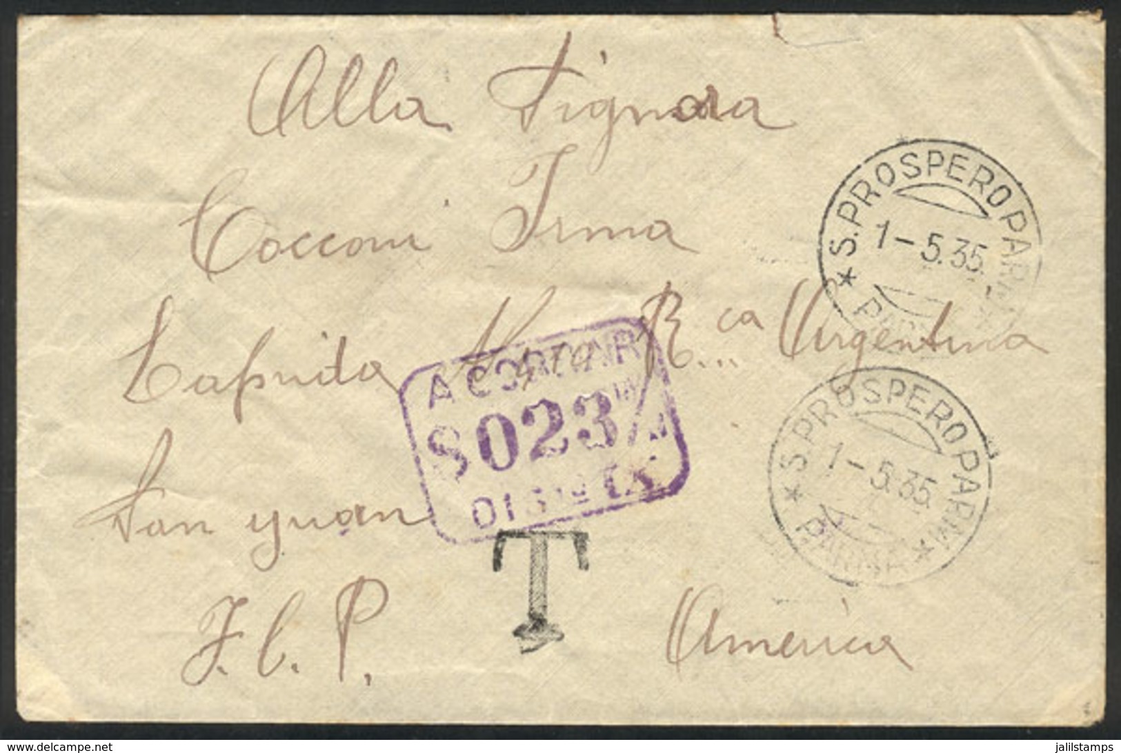 ITALY: Cover Sent Without Postage From S. Prospero To San Juan (Argentina) On 1/MAY/1935, With Interesting POSTAGE DUE M - Andere & Zonder Classificatie