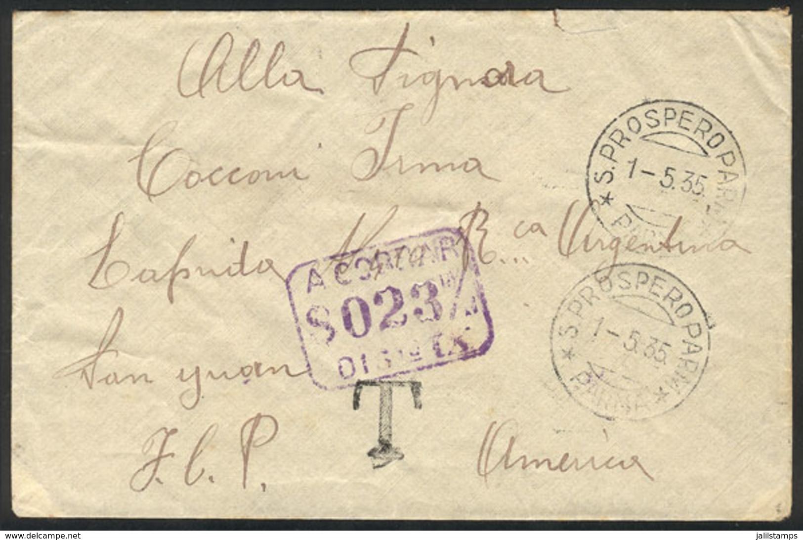 ITALY: Cover Sent Without Postage From S. Prospero To San Juan (Argentina) On 1/MAY/1935, With Interesting POSTAGE DUE M - Autres & Non Classés