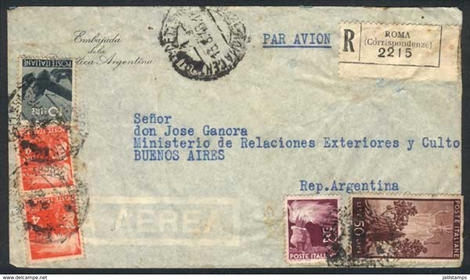 ITALY: Registered Air Mail Cover Sent To Argentina On 13/AU/1946 Franked With L.88, Interesting! - Other & Unclassified