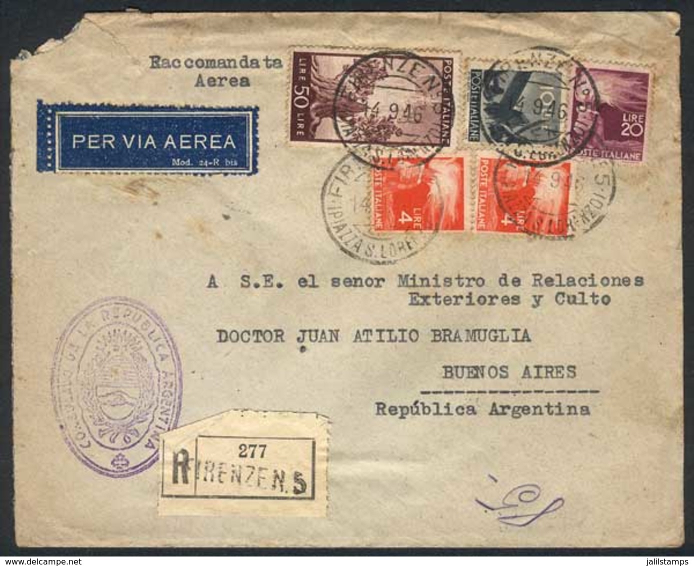 ITALY: Registered Air Mail Cover Sent To Argentina On 14/SE/1946 Franked With L.88, Interesting! - Andere & Zonder Classificatie