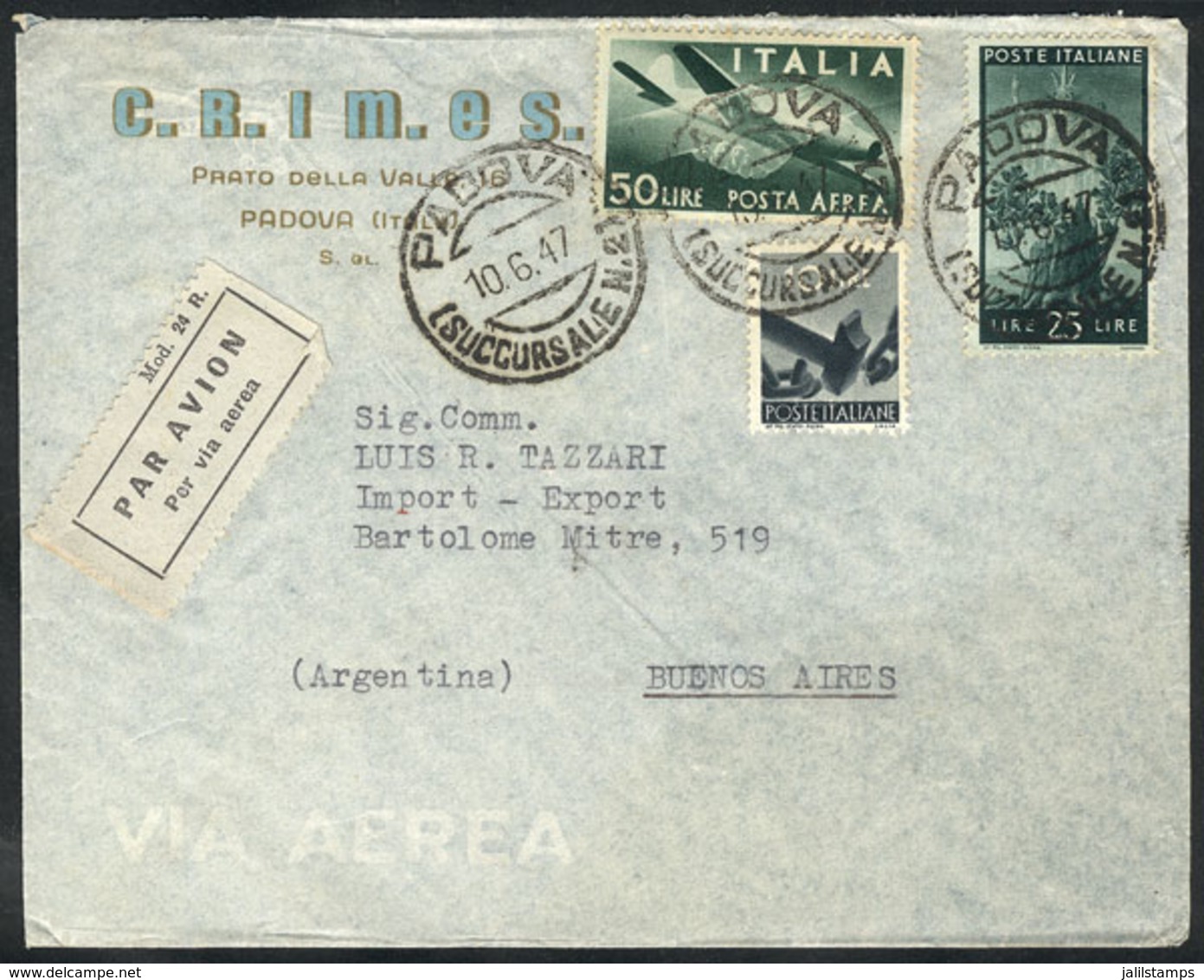 ITALY: Airmail Cover Franked With 85L. Including The Airmail 50L. Green, Sent From Padova To Argentina On 10/JUN/1947, V - Other & Unclassified