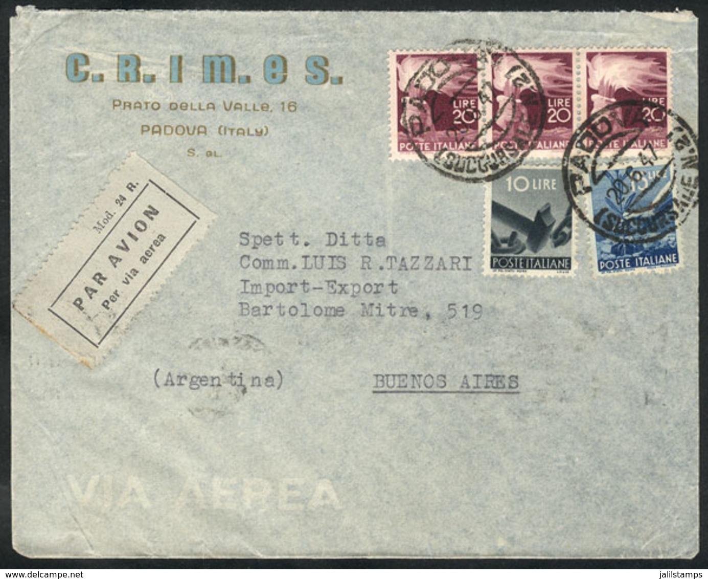 ITALY: Airmail Cover Sent From Padova To Argentina On 20/JUN/1947, Franked With 85L., VF Quality! - Andere & Zonder Classificatie