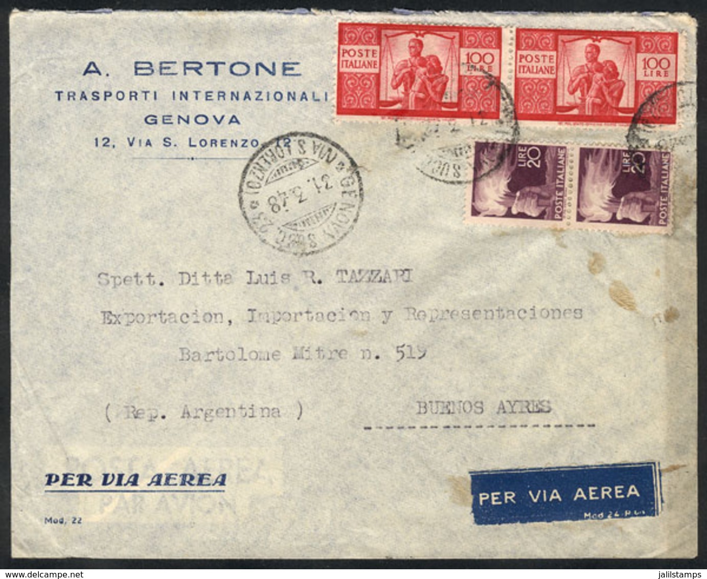 ITALY: Airmail Cover Franked With 240L. Including Pair Of 100L. Democratica, Sent From Genova To Argentina On 31/MAR/194 - Andere & Zonder Classificatie