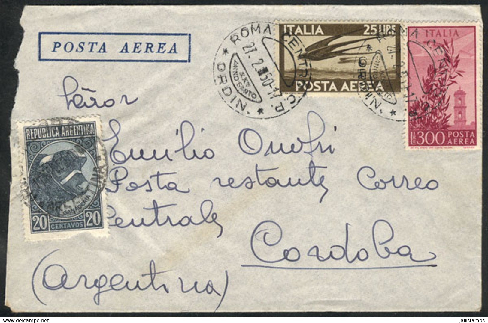 ITALY: Airmail Cover Sent On 27/FE/1950 From Roma To POSTE RESTANTE, Córdoba (Argentina), With 20c. Stamp To Pay The Ser - Autres & Non Classés