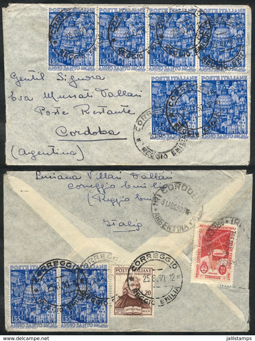 ITALY: Airmail Cover Sent From Correggio To Argentina On 25/AU/1950 With Spectacular Postage Of 460L. Consisting Of Comm - Other & Unclassified