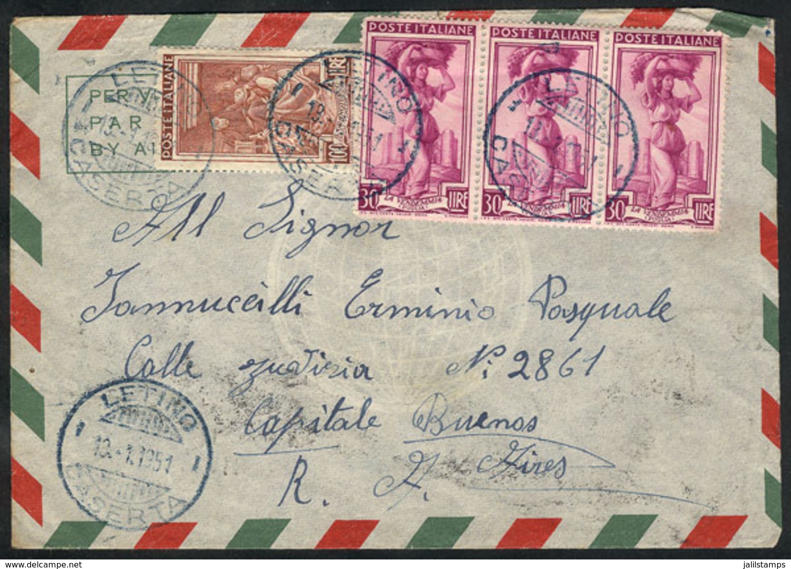 ITALY: Airmail Cover Sent From Letino To Argentina On 10/JA/1951 Franked With 190L., VF Quality! - Andere & Zonder Classificatie
