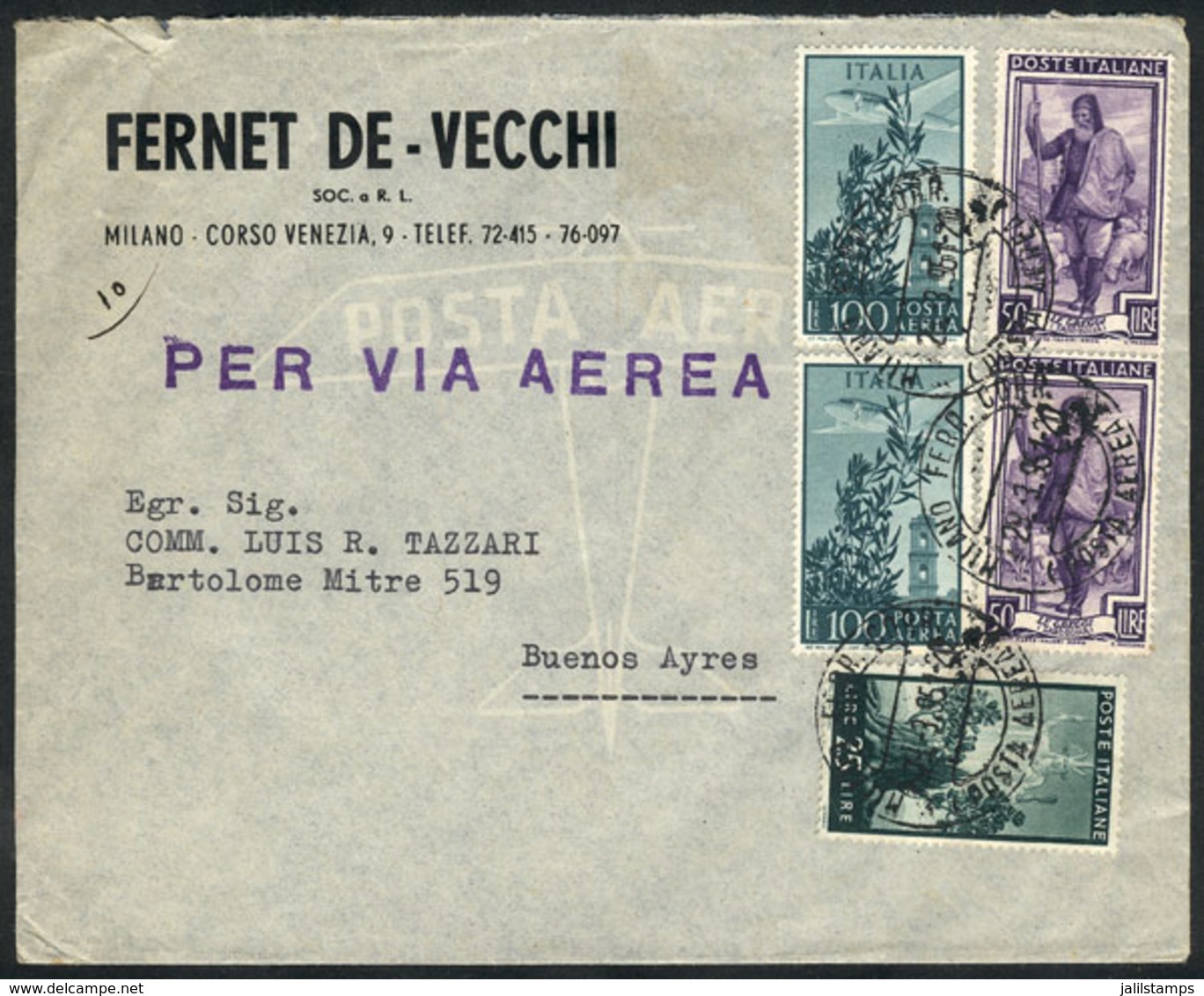 ITALY: Airmail Cover Franked With 325L., Sent From Milano To Argentina On 21/MAR/1951, VF! - Sonstige & Ohne Zuordnung