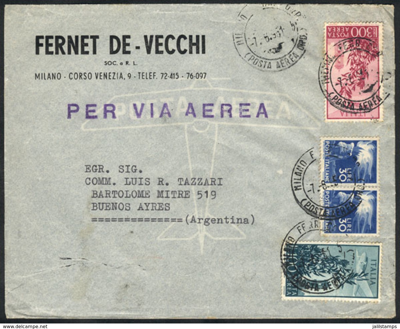 ITALY: Airmail Cover Franked With 460L., Sent From Milano To Argentina On 7/AU/1951, VF! - Other & Unclassified
