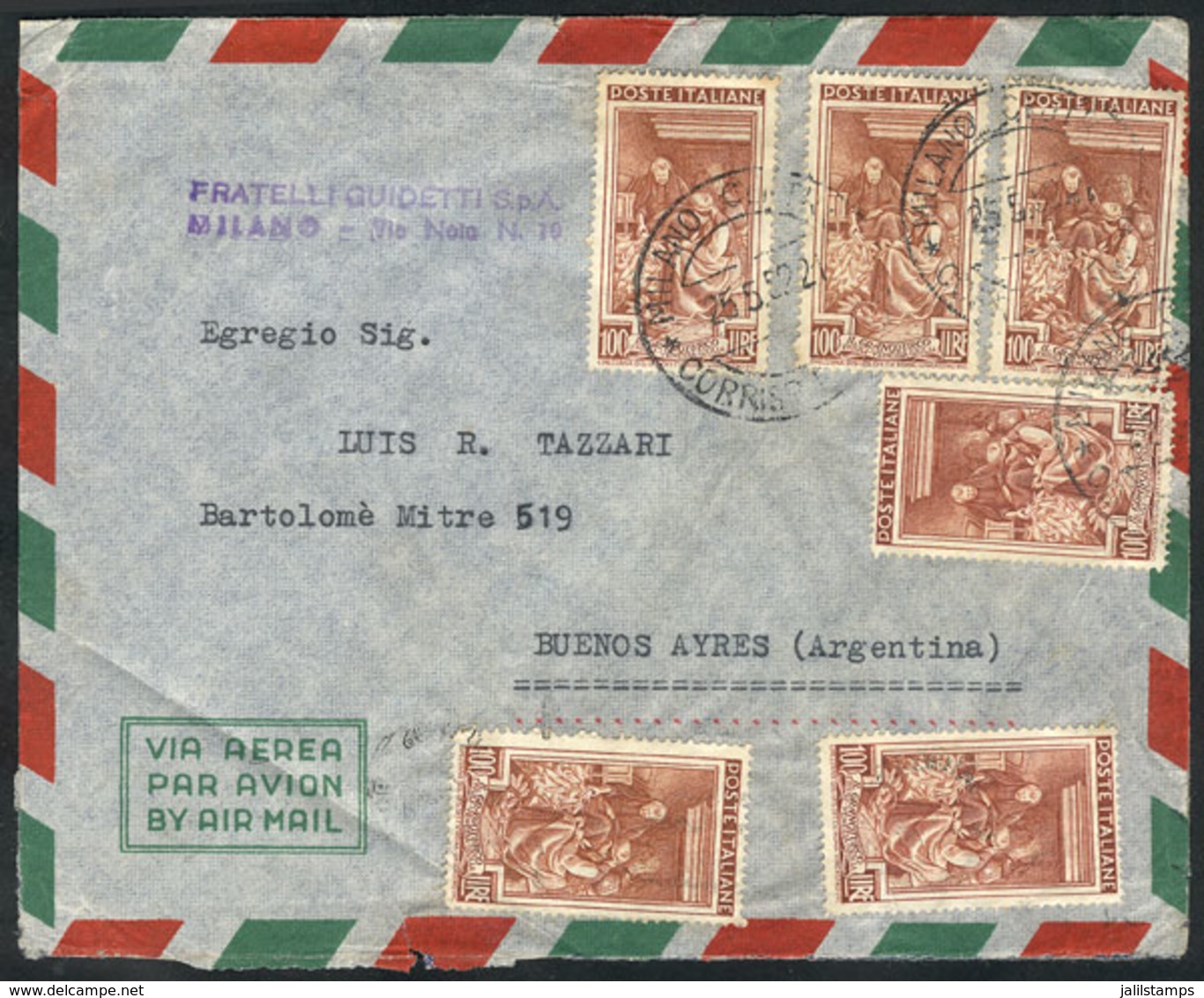 ITALY: Airmail Cover With Spectacular Postage Of 600L. (100L. Lavoro X6), Sent From Milano To Argentina On 25/MAY/1952,  - Andere & Zonder Classificatie