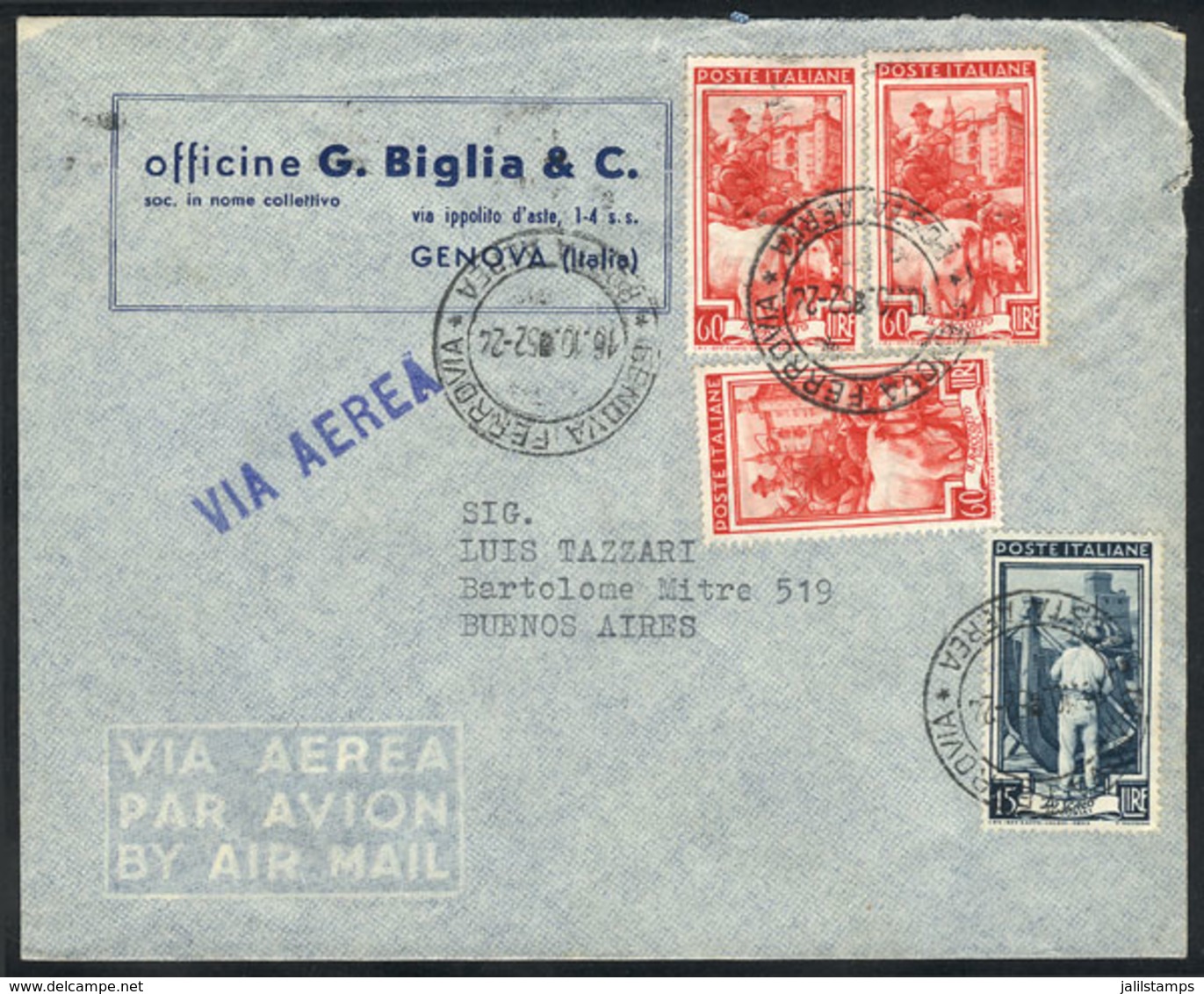 ITALY: Airmail Cover Franked With 195L., Sent From Genova To Argentina On 16/OC/1952, Fine Quality! - Andere & Zonder Classificatie