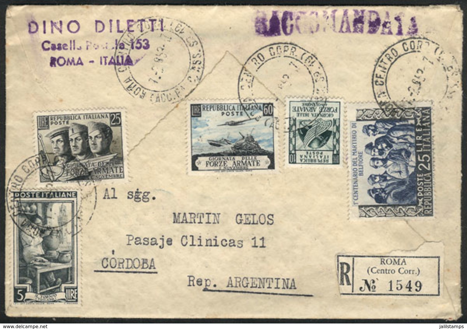 ITALY: Registered Cover Sent From Roma To Argentina On 3/FE/1953 Franked By Sassone 701 + Other Values, Total Postage 12 - Andere & Zonder Classificatie