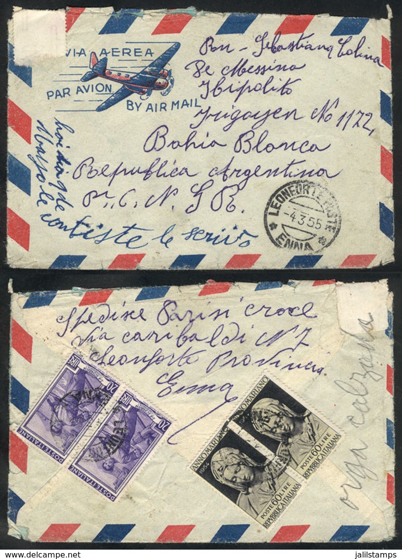 ITALY: Airmail Cover Sent From Leonforte To Argentina On 4/MAR/1955, Franked With 200L. (pair Sassone 752 + Other Values - Autres & Non Classés