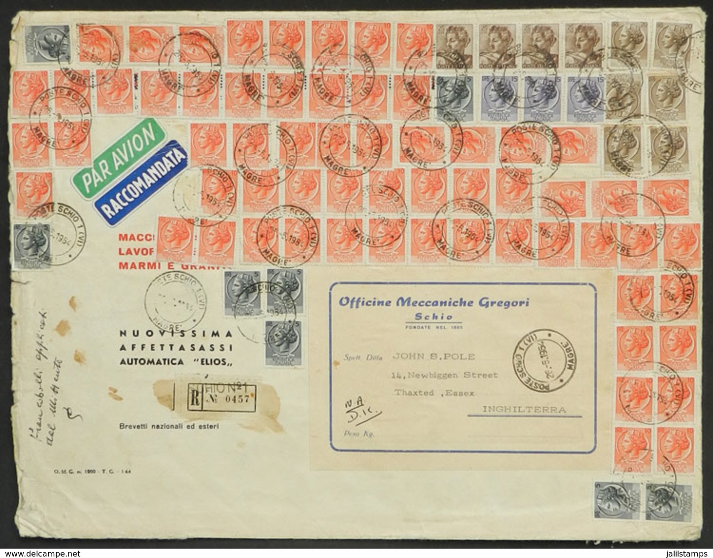 ITALY: Large Cover Sent By Registered Airmail From Schio To England With Fantastic Postage Of 925L. Consisting Of More T - Other & Unclassified