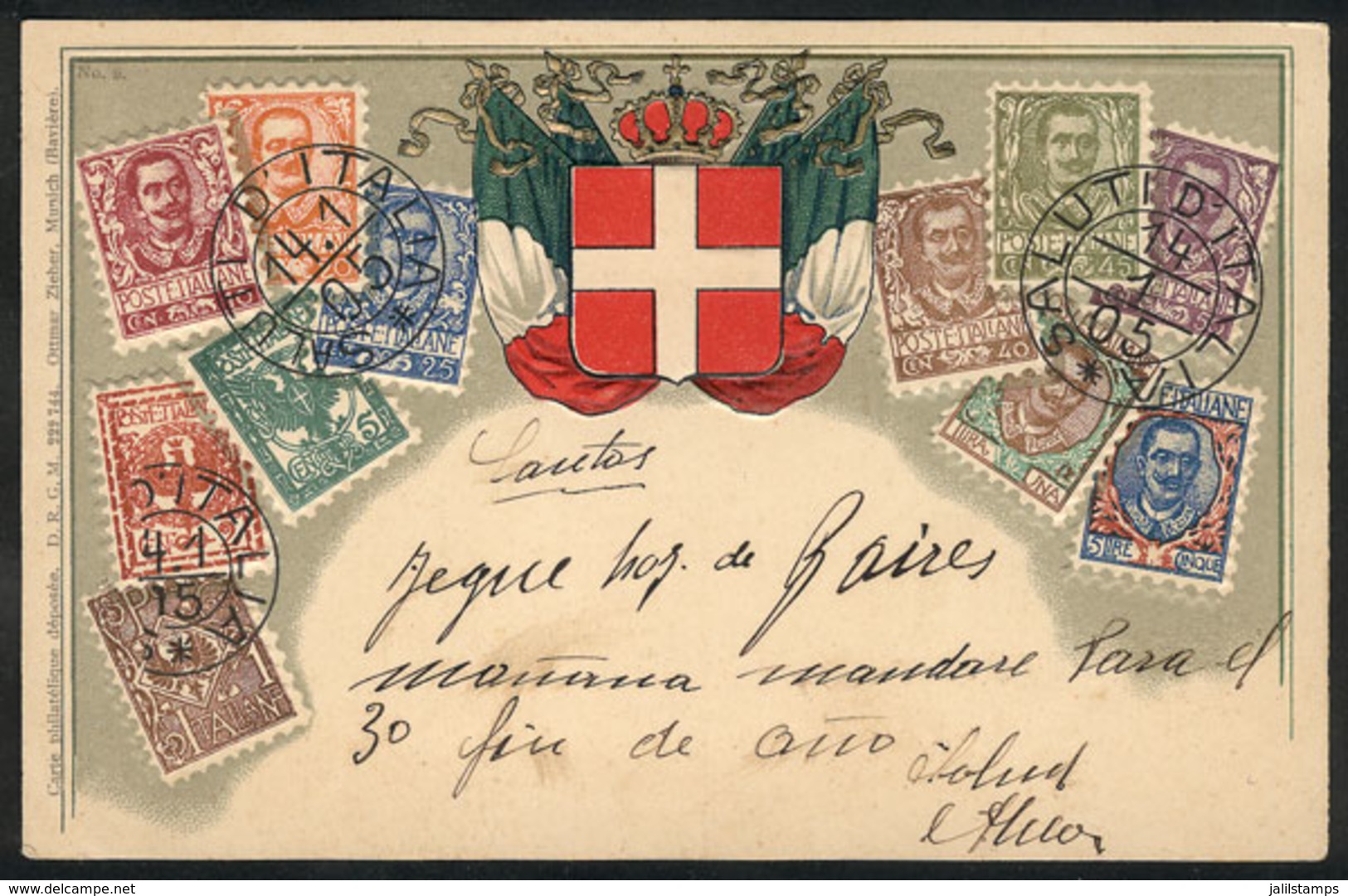 ITALY: Old PC Illustrated With Postage Stamps And Coat Of Arms, Used In 1905, VF Quality! - Firenze (Florence)