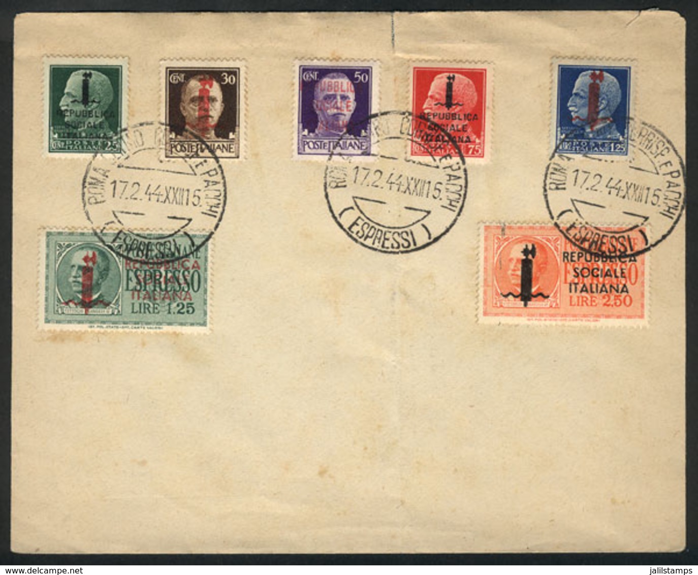 ITALY - REPUBBLICA SOCIALE ITALIANA: Cover With 7 Overprinted Stamps, Cancelled In Roma In 17/FE/1944, With A Vertical C - Andere & Zonder Classificatie