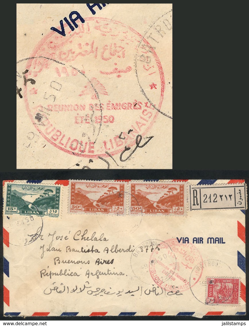 LEBANON: "Registered Airmail Cover Sent From Batroun To Argentina On 9/AU/1950, With Interesting Rose Handstamp On Front - Liban