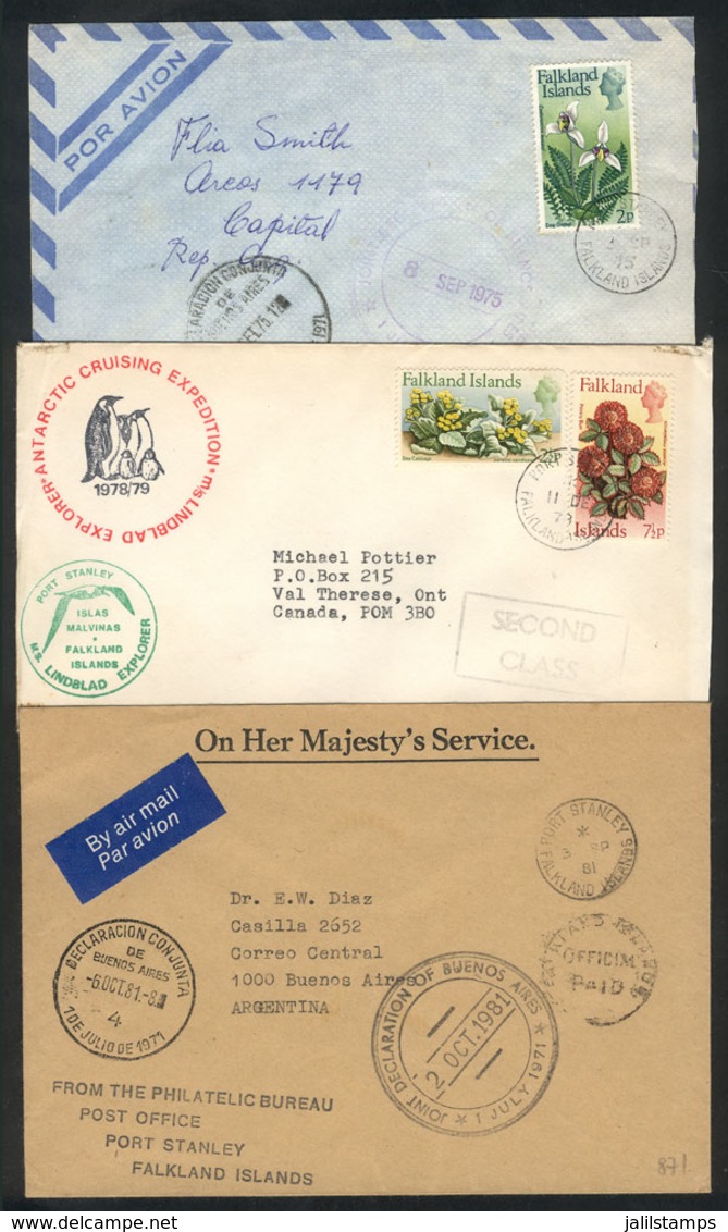 FALKLAND ISLANDS/MALVINAS: 3 Covers Sent Between 1975 And 1981 To Argentina (2) And Canada, Interesting! - Falklandeilanden