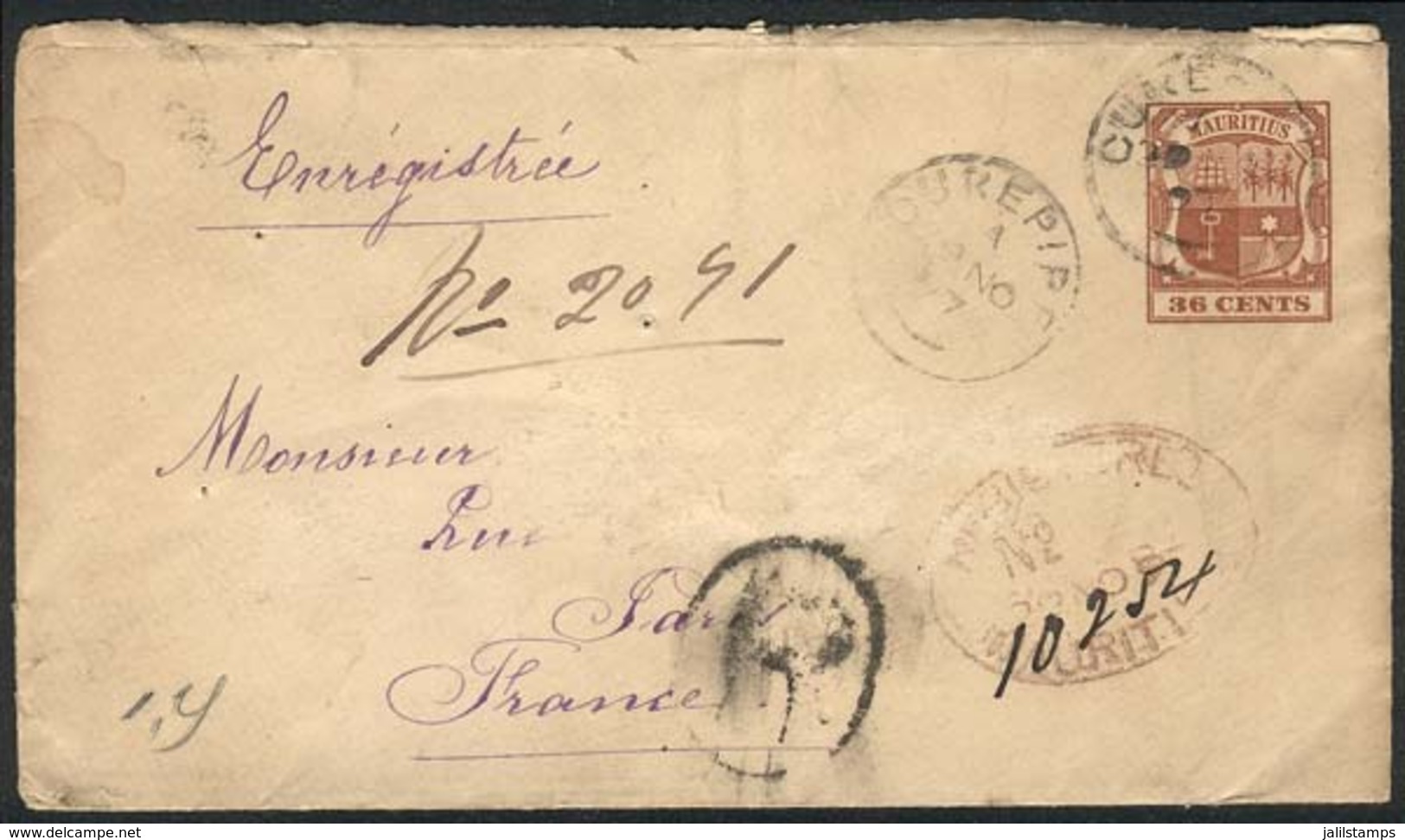 MAURITIUS: Registered 36c. Stationery Cover Sent From CUREPIPE To France On 29/NO/1897, Minor Defects, Rare! - Maurice (1968-...)