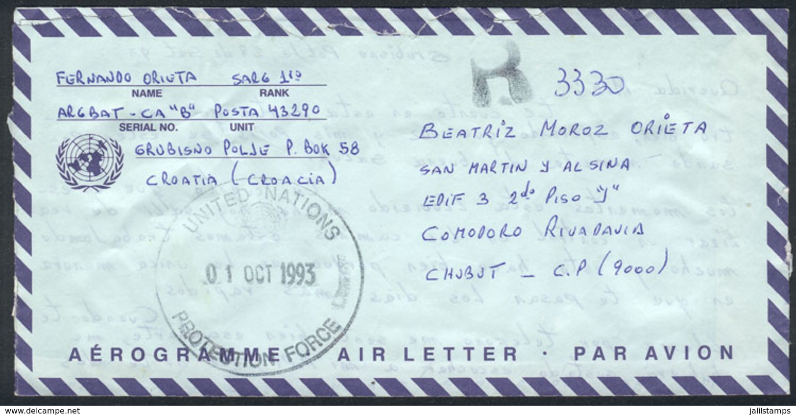 UNITED NATIONS: Aerogram Sent By Registered Mail To Argentina On 1/OC/1993 By An Argentine Soldier Of The UN Protection  - Other & Unclassified