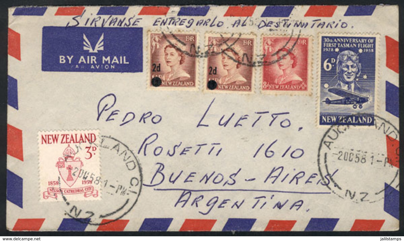 NEW ZEALAND: Airmail Cover Sent To Argentina On 2/OC/1958, Nice Postage! - Covers & Documents