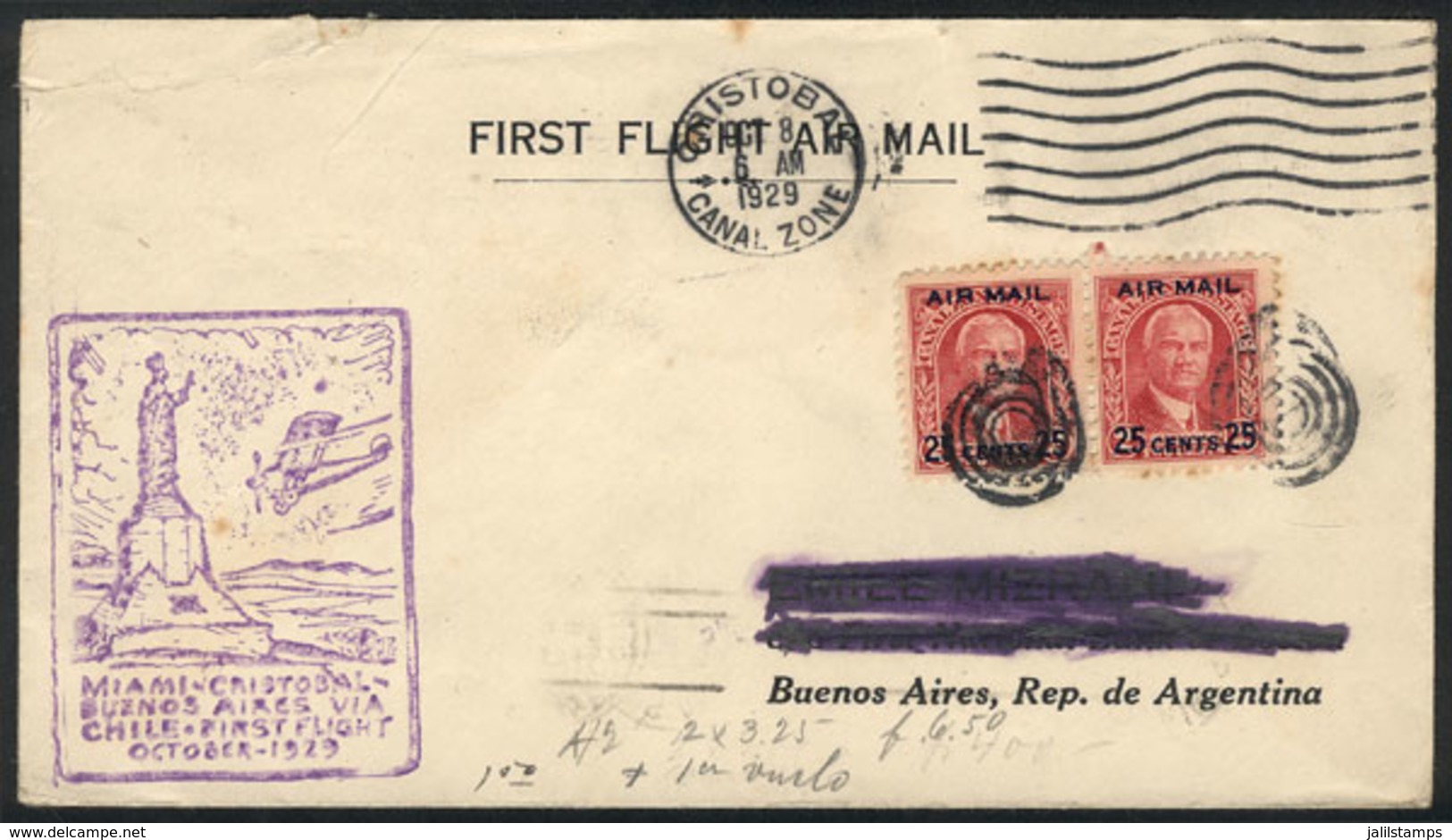 PANAMA - CANAL: 8/OC/1929 Cristobal - Buenos Aires, First Flight By P.A.A., With Arrival Backstamps (14/OC) - Panama
