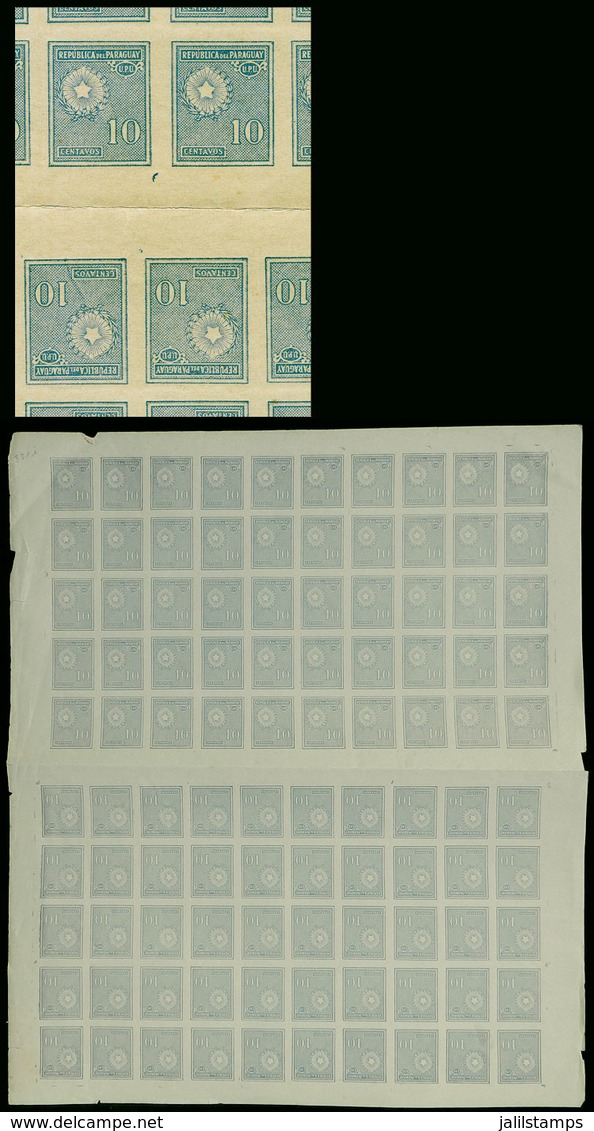 PARAGUAY: Sc.275, 1927/38 10c. Blue, Complete IMPERFORATE Sheet Of 100, Consisting Of 2 Panes Of 50 Joined By A Central  - Paraguay