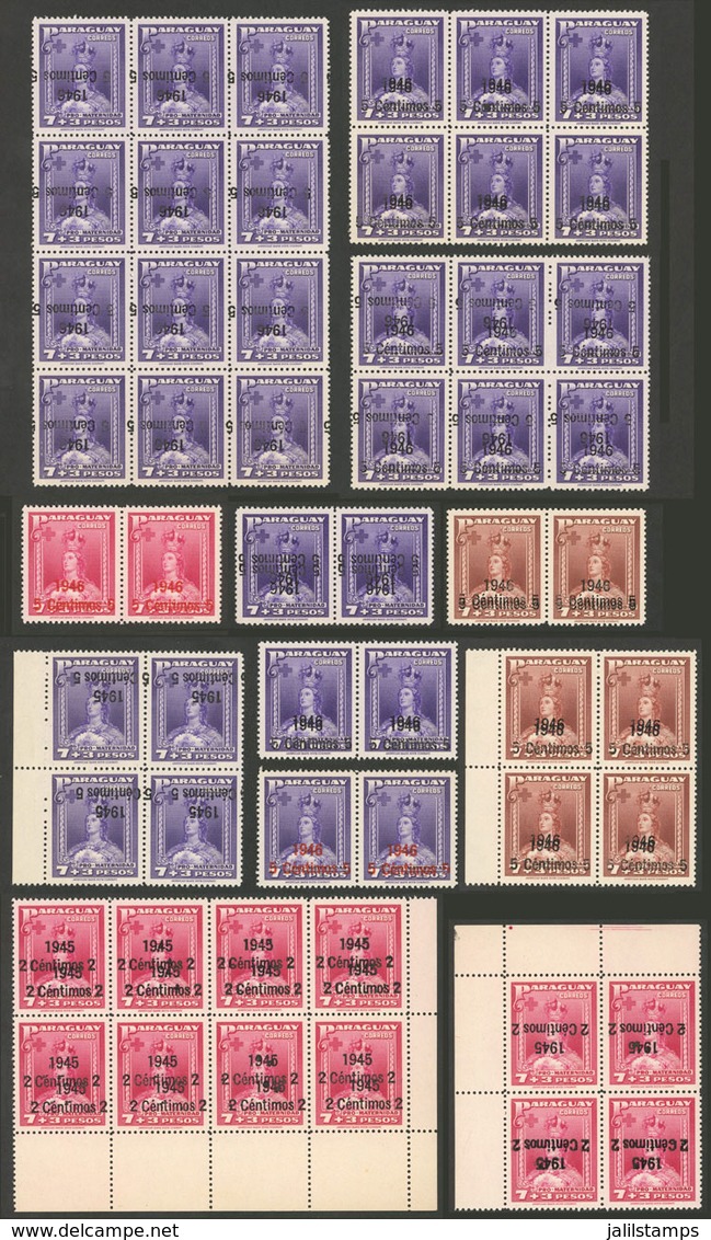 PARAGUAY: Yvert 445 + Other Values, 1945/6 Mothers' Fund, Group Of Stamps With Overprint VARIETIES, In Pairs, Blocks Of  - Paraguay