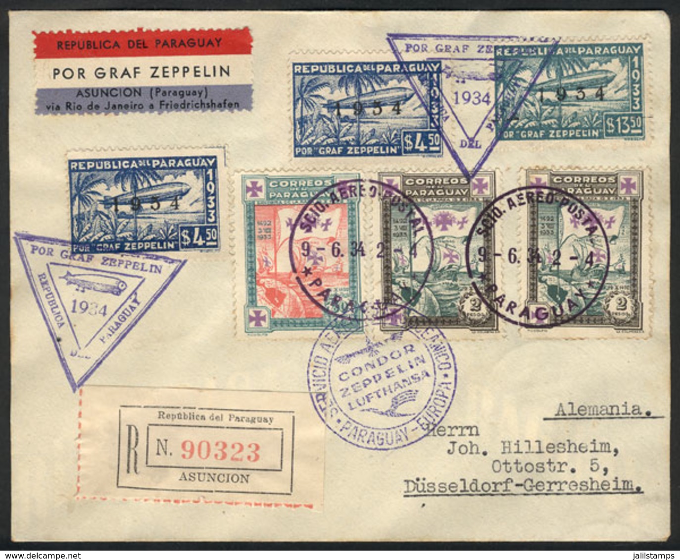 PARAGUAY: Cover Flown By ZEPPELIN, Sent From Asunción To Düsseldorf On 9/JUN/1934, Handsome Postage (with Little Stainin - Paraguay
