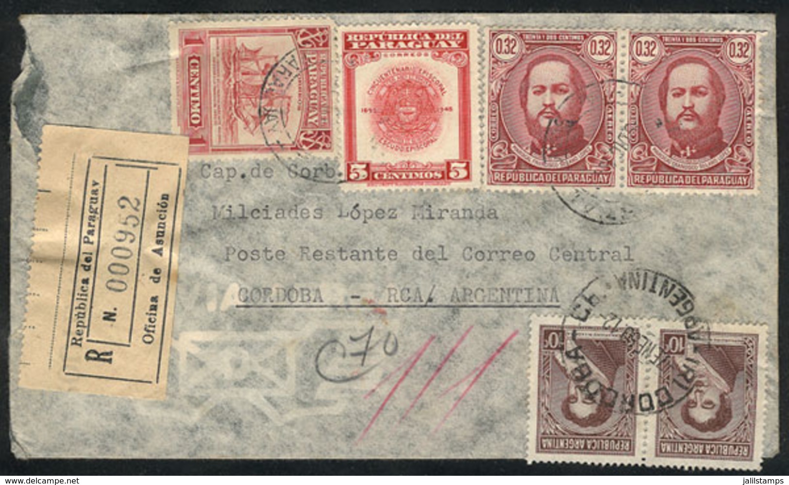 PARAGUAY: MIXED POSTAGE: Registered Airmail Cover Sent To Argentina On 9/DE/1949 Franked With 70c. + Argentina Stamps Fo - Paraguay