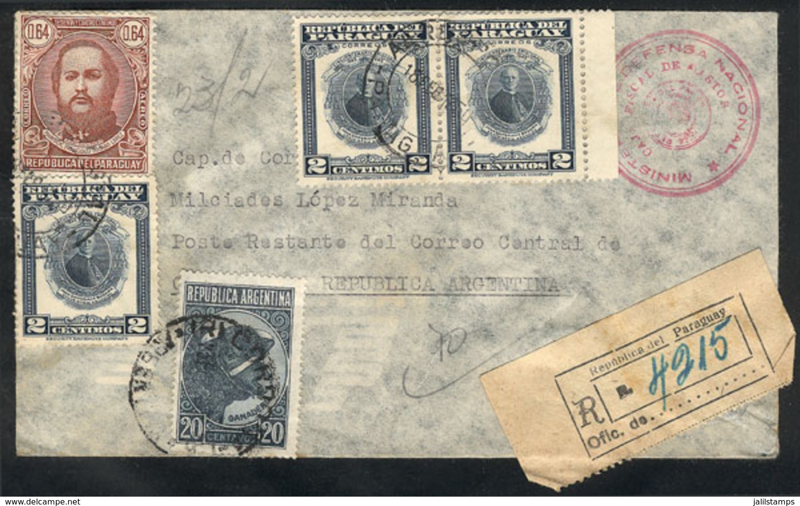 PARAGUAY: MIXED POSTAGE: Registered Airmail Cover Sent To Argentina On 18/FE/1950, Franked With 70c. + Argentina Stamp O - Paraguay