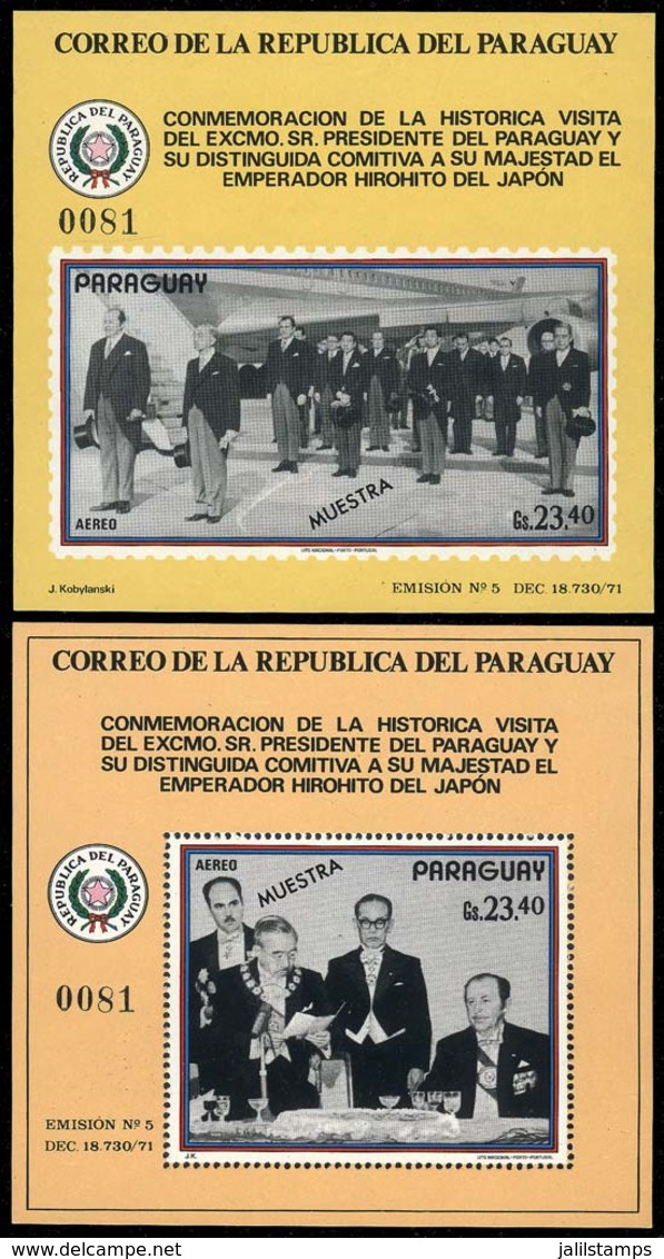 PARAGUAY: 2 Souvenir Sheets Issued In 1971 Commemorating The Visit Of The President To Japan, Both With MUESTRA Overprin - Paraguay