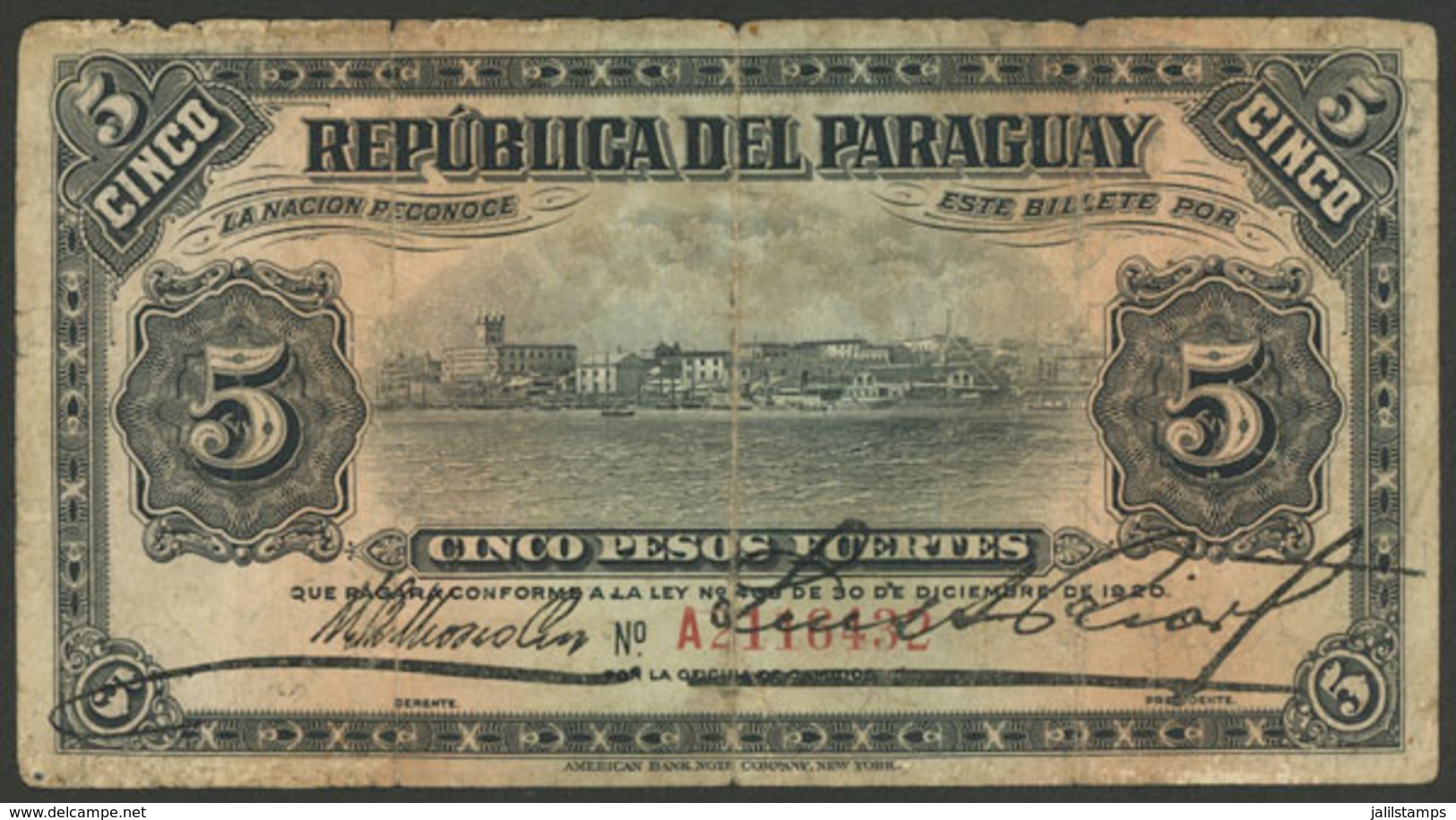 PARAGUAY: Attractive Banknote Of 5P. Of 1920, Used, Very Nice! - Paraguay