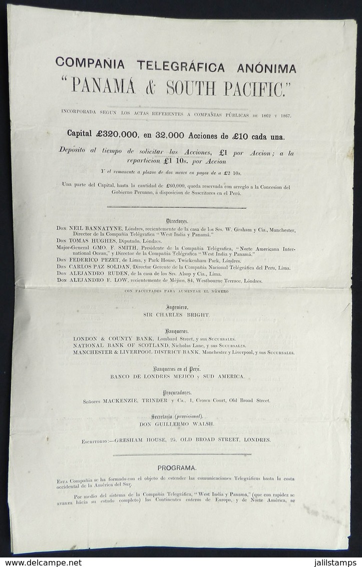 PERU: "Brochure Of 1870 Promoting The Purchase Of Shares Of The Telegraph Co. ""Compañía Telegráfica Anónima Panamá Y So - Perù