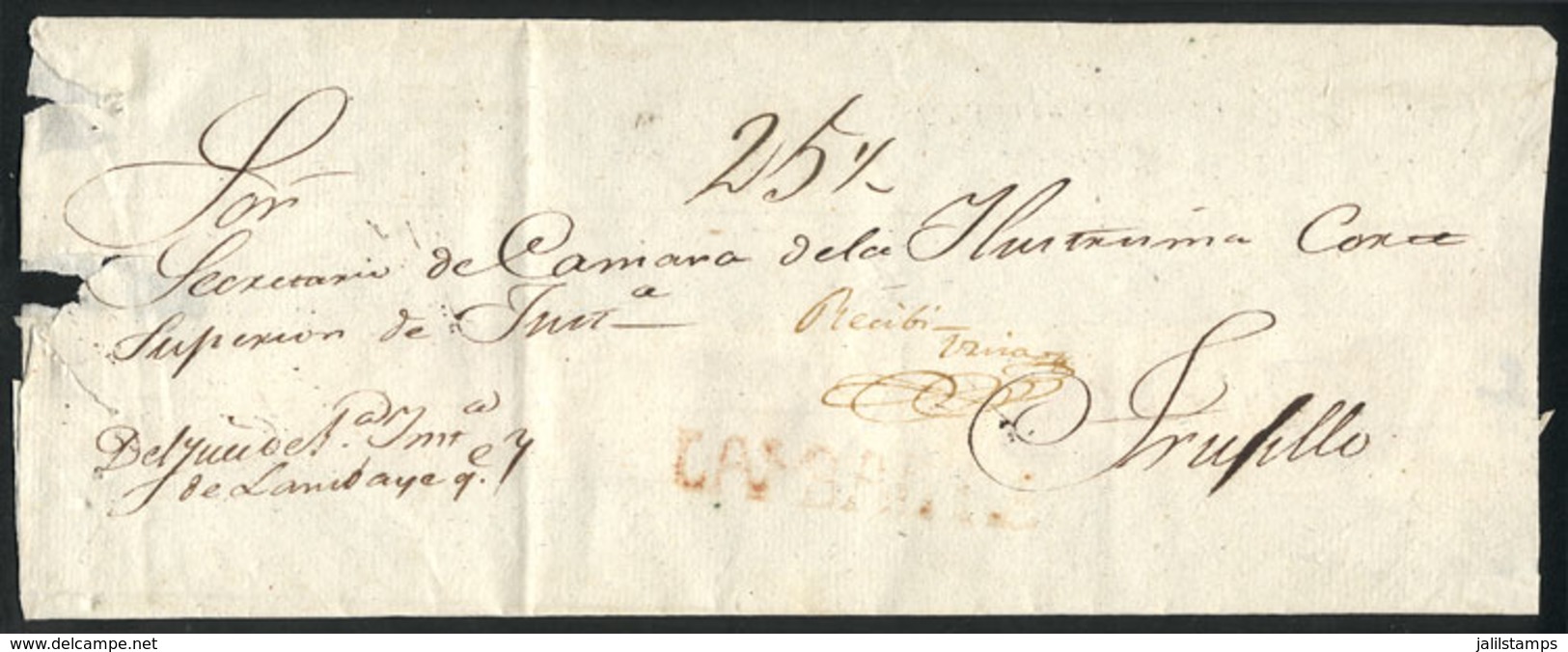 PERU: Circa 1840, Official Folded Cover Sent To Trujillo, With Straightline Red LAMBAYEQUE Mark, Very Nice! - Pérou