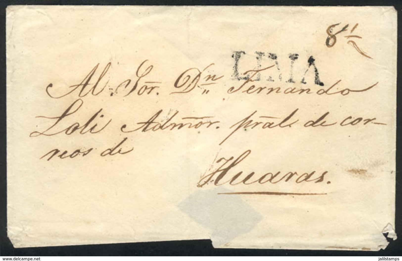 PERU: Circa 1840, Official Folded Cover Sent To Nazca, With Black LIMA Mark In Large Font Perfectly Applied, VF Quality! - Pérou