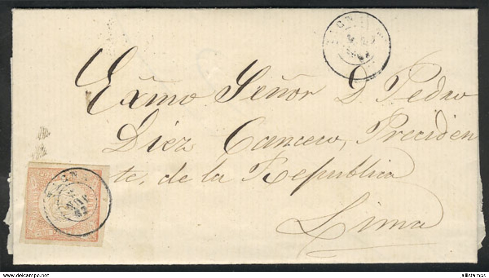 PERU: Entire Letter Sent From Tacna To Lima On 28/MAY/1863 To Pedro Diez Canceco (President Of The Republic), Franked Wi - Pérou