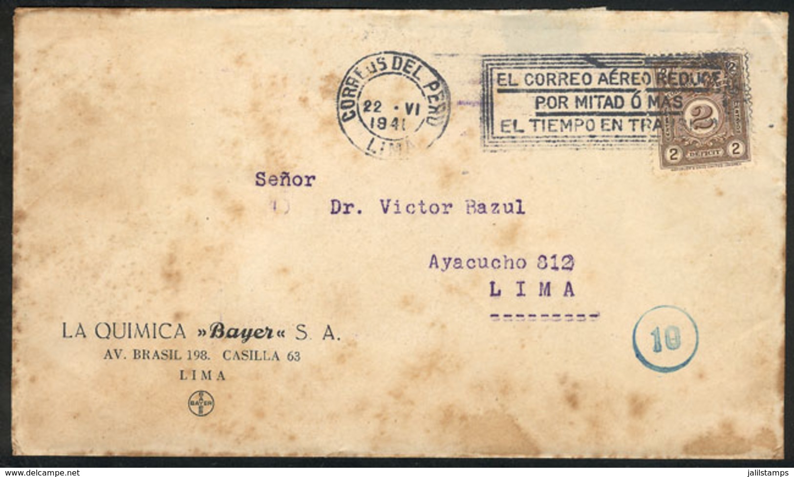 PERU: Cover Used In Lima On 22/JUN/1940, Franked With DÉFICIT Stamp Of 2c. (Scott J55) Used As Postage, Scarce, Scott Ca - Peru